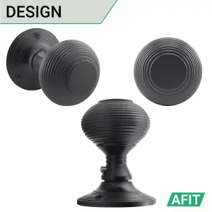 AFIT Beehive Reeded Black Key Lock Door Knob Set - 1 Pair Matt Black Mortice Knobs (55mm), Sash Lock (80mm) & Hinges (76mm)