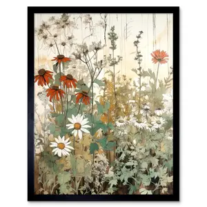 Adigun Wildflowers Vintage Watercolour Painting Red White Daisy - Single Picture Frame Print