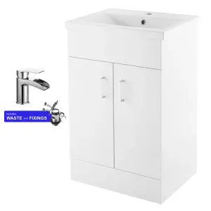 600mm Bathroom Vanity Unit White Cloakroom Two Door Basin Sink Cabinet & Chrome Tap Set