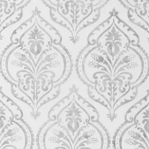 Arthouse White Silver Grey Moroccan Damask Textured Heavy Vinyl Wallpaper Exotic