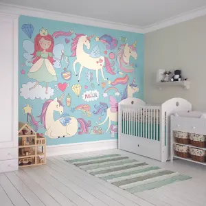 Origin Murals Princess Unicorn Blue Matt Smooth Paste the Wall Mural 350cm Wide X 280cm High