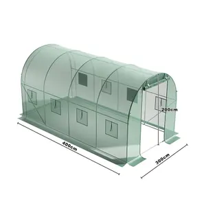 Green Walk In Steel Frame Garden Tunnel Greenhouse with Roll Up Door Windows, 4x3x2M