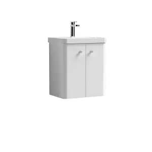 Wall Hung 2 Door Vanity Unit with Ceramic Sink - 500mm - Gloss White