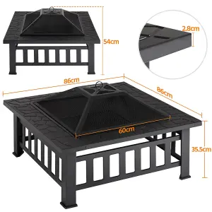 Yaheetech Outdoor Square Fire Pit with Cover and Poker Black