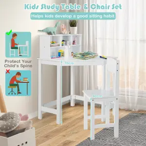 COSTWAY Kids Corner Desk & Chair Set Children Study Table Set with Hutch