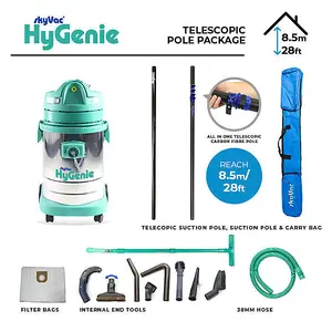 SkyVac Hygenie Internal Cleaning Vacuum, Hygienic Cleaning System. 8.5M Telescopic Pole Package.