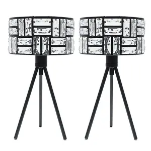 ValueLights Elise Pair Acrylic Jewel Two Tier Shade Black Tripod Table Lamps and LED Bulbs