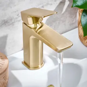 Luxury Curve Brushed Brass Basin Tap & Minimalist Round Bottle Trap