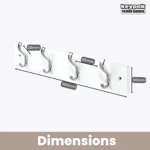 keypak Wall-Mounted Coat Rack - 4 Hooks on Modern Wooden Base for Wall & Door - 38cm (Satin Nickel/White)