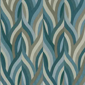 Holden Arabesque Leaves Geometric Leaf Stripe Vinyl Texture Blue Wallpaper