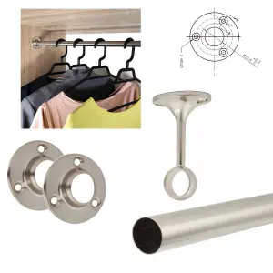 Round Wardrobe Rail Hanging Tube Pipe 1500mm Brushed Chrome Set with End Brackets