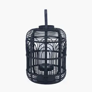 Large Black Bamboo and Glass Lantern