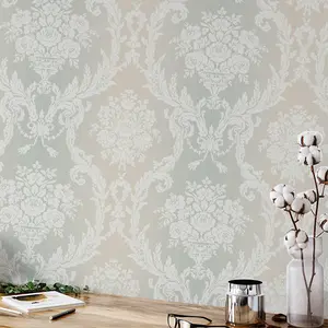 Seabrook Floral Damask Stria Sage Wallpaper Acrylic Coated Paper Traditional