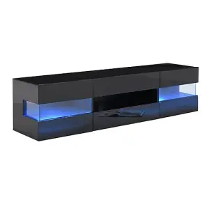 Kirsten TV Stand With Storage for Living Room and Bedroom, 1690 Wide, LED Lighting, Media Storage, Black High Gloss Finish