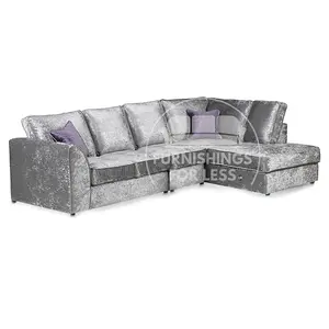 Crystal Crushed Velvet Fabric 5 Seater L Shaped Corner Sofa  Silver Right Hand Facing - Full Back