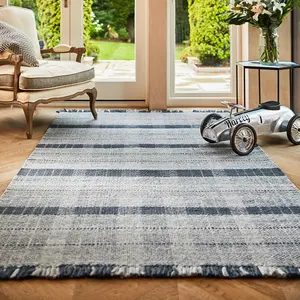 Check Blue Geometric, Hand Made, Luxurious , Modern , Tartan Rug for Bedroom & Living Room-80cm X 150cm