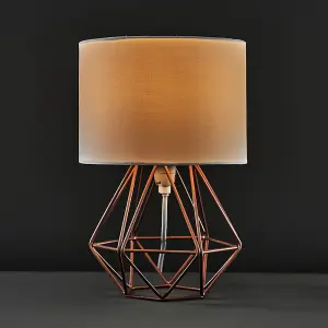 ValueLights Angus Pair of Angus Small Copper Metal Basket Cage Table Lamps with White Fabric Shades