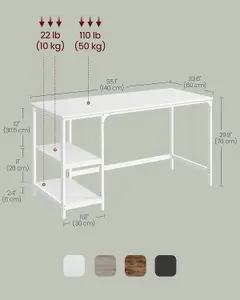 VASAGLE Writing Desk, Office Table with Dual Shelves, Versatile Workstation for Home or Office, Modern, Steel Frame, Maple White