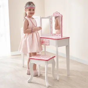 Teamson Kids Dressing Table, Play Vanity Set with Mirror & Stool - Pink/White/Giraffe Print