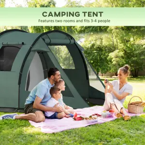 Outsunny 3-4 Persons Tunnel Tent, Two Room Camping Tent w/ Windows, Green