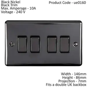 4 Gang Quad Light Switch BLACK NICKEL 2 Way 10A Black Trim & Metal Rocker