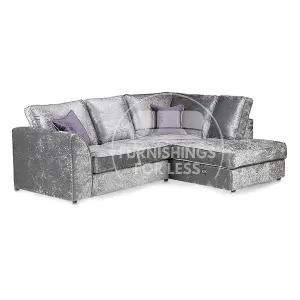 Crystal Crushed Velvet Fabric 3 to 4 Seater L Shaped Corner Sofa Silver Right Hand Facing - Full Back