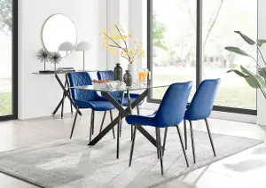 Furniturebox Leonardo 4 Seater Rectangular Glass Dining Table with Silver Metal Legs & 4 Navy Pesaro Velvet Black Leg Chairs