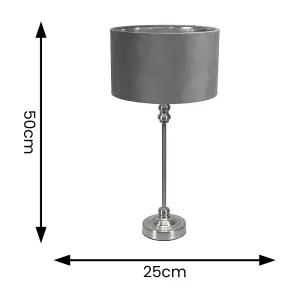 ValueLights Maggie Chrome Candlestick Table Lamp with Grey Velvet and Chrome Inner Lamp Shade and LED Bulb