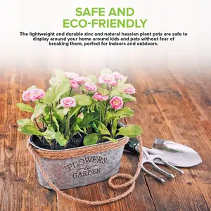 LIVIVO Zinc Plant Pot with Cotton Rope Handles - 'Flowers & Garden' Design for Outdoor or Indoor, Flower Herb & Pot