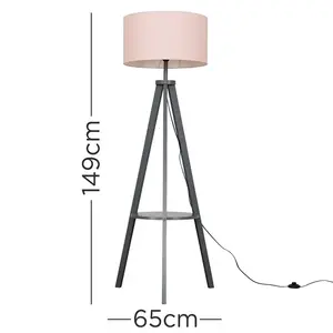 Ismay 149 cm Morrigan Wood Tripod Floor Lamp with Shelf & XL Reni Shade Grey / Pink / Yes