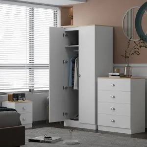 Wardrobe 2 Door Matt White Finish With Light Oak Top