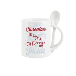 Purely Home Hot Chocolate Mug & Spoon - Hug from the Inside Winter Ceramic Cup Gift