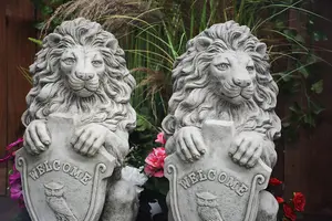 Pair of Gatepost Lion statues with Shield