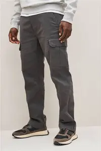 Mens Next Grey Charcoal Straight Fit Cotton Stretch Cargo Trousers - Grey Charcoal