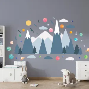 Walplus Combo Kids - Blue Mountains Landscape with Colourful Planets Wall Sticker PVC