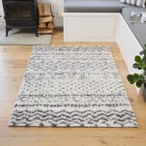 Cream Grey Neutral Aztec Scandi Shaggy Living Area Rug 160x220cm