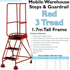 3 Tread Mobile Warehouse Steps & Guardrail RED 1.7m Portable Safety Stairs