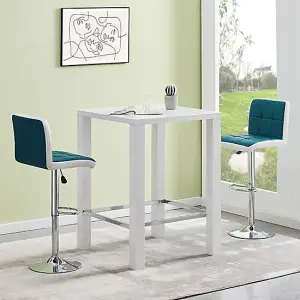 Jam Square Glass White Gloss Bar Table 2 Copez Teal Stools