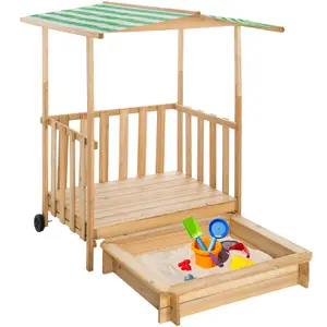 Sandpit - with seating areas and sunshade, play deck with railing, transport wheels - green