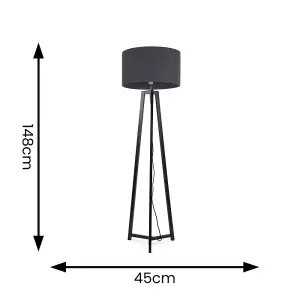 ValueLights Lottie Black Wood Tripod Floor Lamp with Charcoal Grey Drum Shade - LED Bulb Included