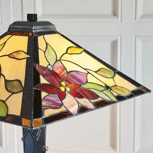 1.6m Tiffany Twin Floor Lamp Matt Black & Flowers Stained Glass Shade i00019