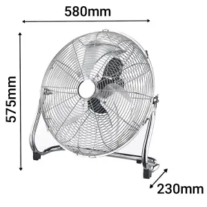 Futura Floor Fan 20 Inch Portable 110W Chrome Fan Adjustable 3 Speed Floor Standing Cooling Fan