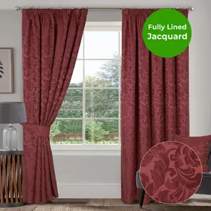 Home Curtains Buckingham Damask Fully Lined 65w x 54d" (165x137cm) Wine Pencil Pleat Curtains (PAIR)