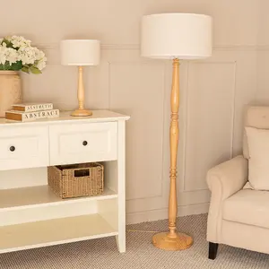 ValueLights Victoria Light Wood Candlestick Floor Lamp with Linen White Trim Drum Shade