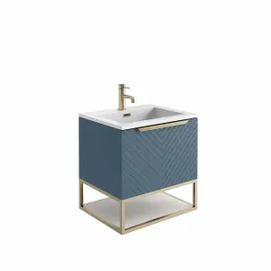 UK Home Living Avalon OFFER PRICE Chevron 600mm Basin Cabinet Blue With Brushed brass frame, handle and overflow