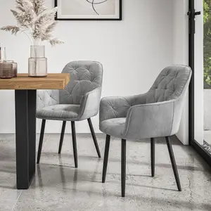 Malvern Round Dining Table And Chairs -  Oak Table Top w Solid Black Oak Legs + Anika Velvet Dining Chair Set Of 4 (Grey)