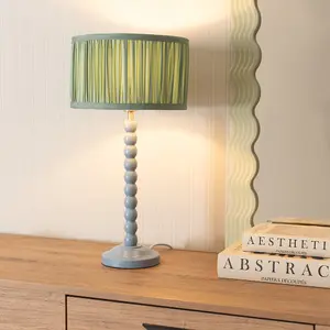 ValueLights Bobbins Powder Blue Table Lamp with Ruched Pleated Green Drum Lamp Shade