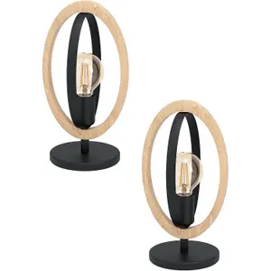 2 PACK Table Lamp Desk Light Black Steel & Wood Ring Loop Shade 1x 40W E27