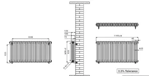 Right Radiators 600x1192 mm Horizontal Traditional 3 Column Cast Iron Style Radiator Raw Metal