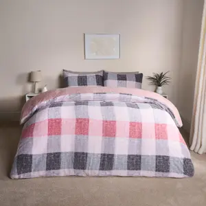 Gingham Teddy Duvet Cover Pillowcase Quilt Soft Bedding Set, Blush - King